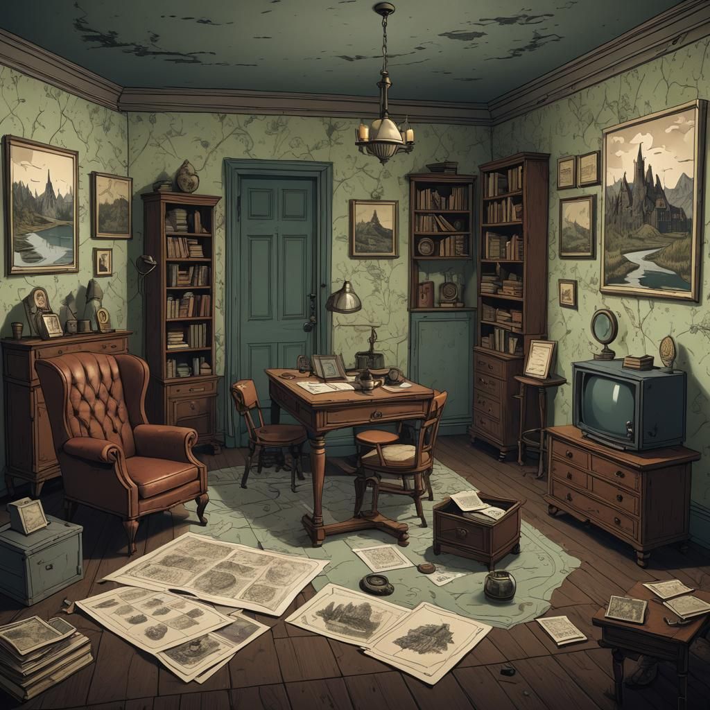 Mystical Detective Room in Rusty Lake Style
