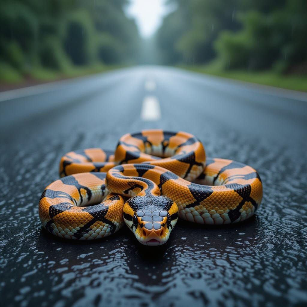 Snake on Rainy Road