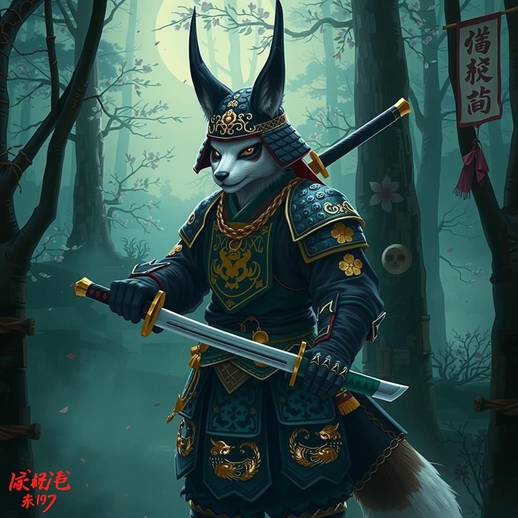 Kitsune Samurai in Moonlit Landscape, Ukiyo-e Style