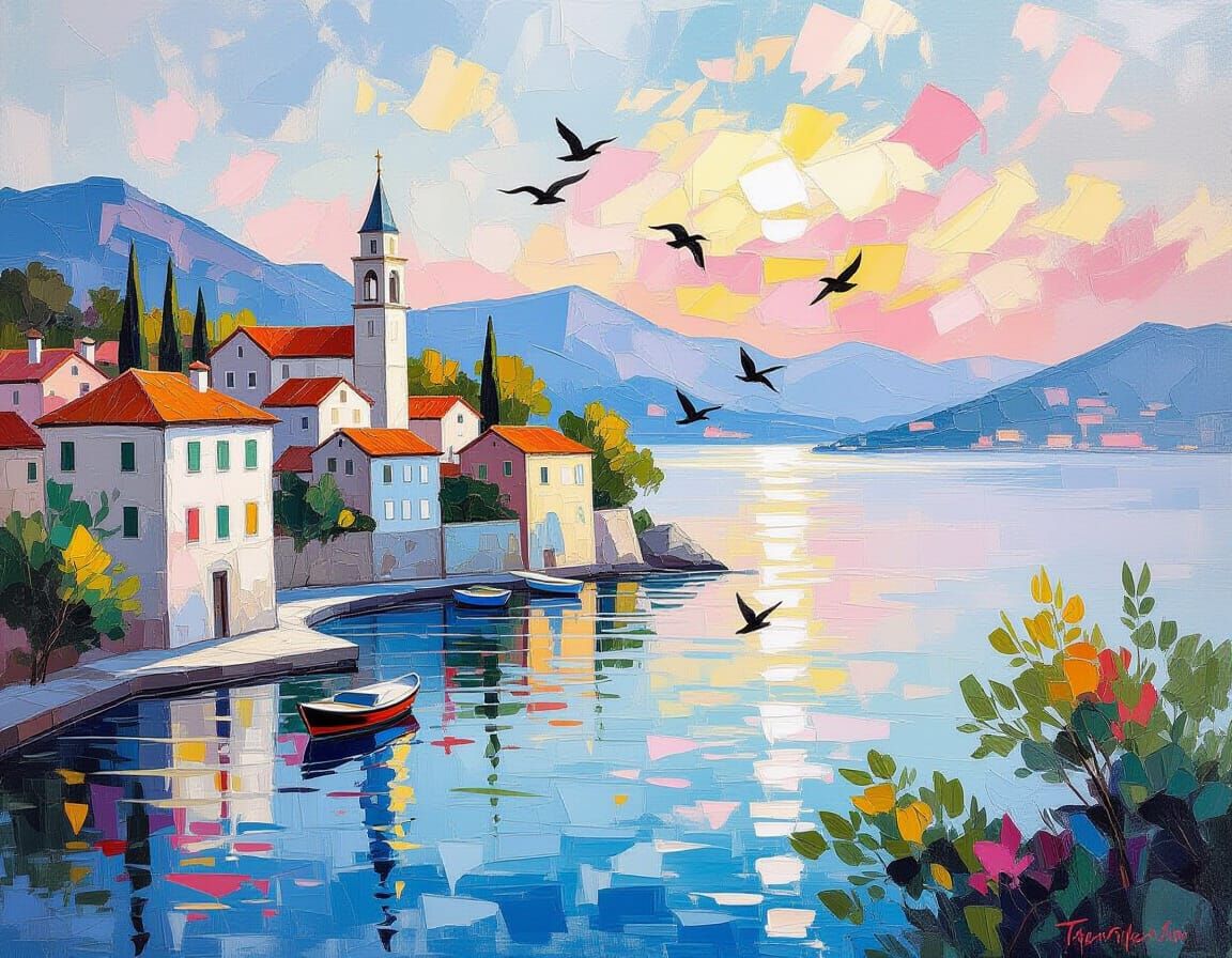 Birds Glide Over Croatian Village in Impressionistic Style