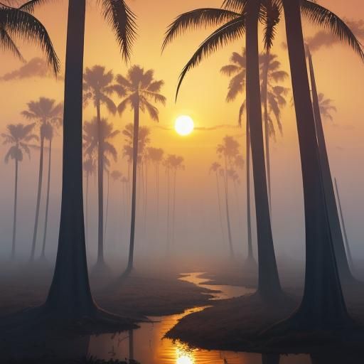 Misty Sunset Palm Trees in Digital Matte Painting