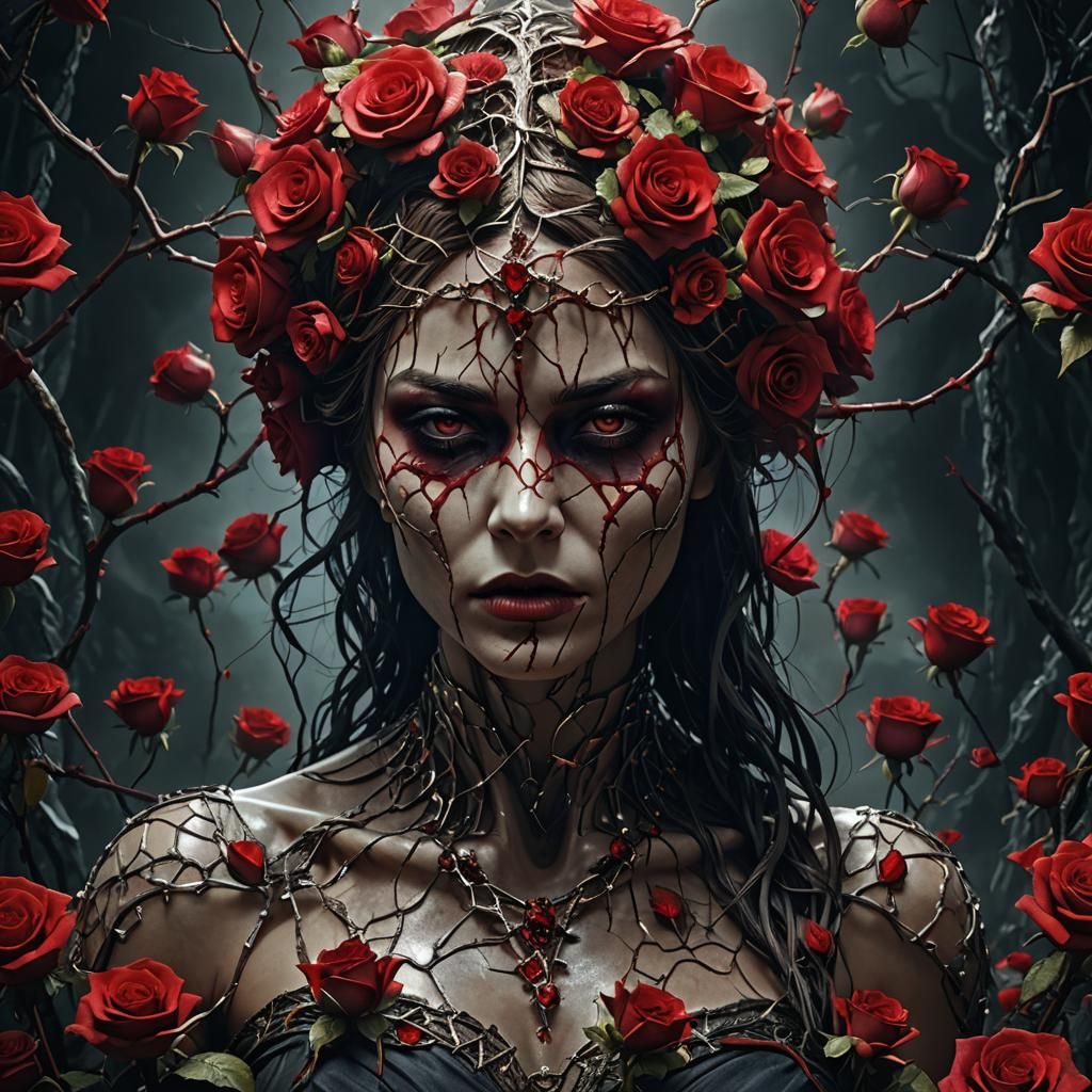 Blindfolded Beauty Among Blood Roses in Dark Fantasy