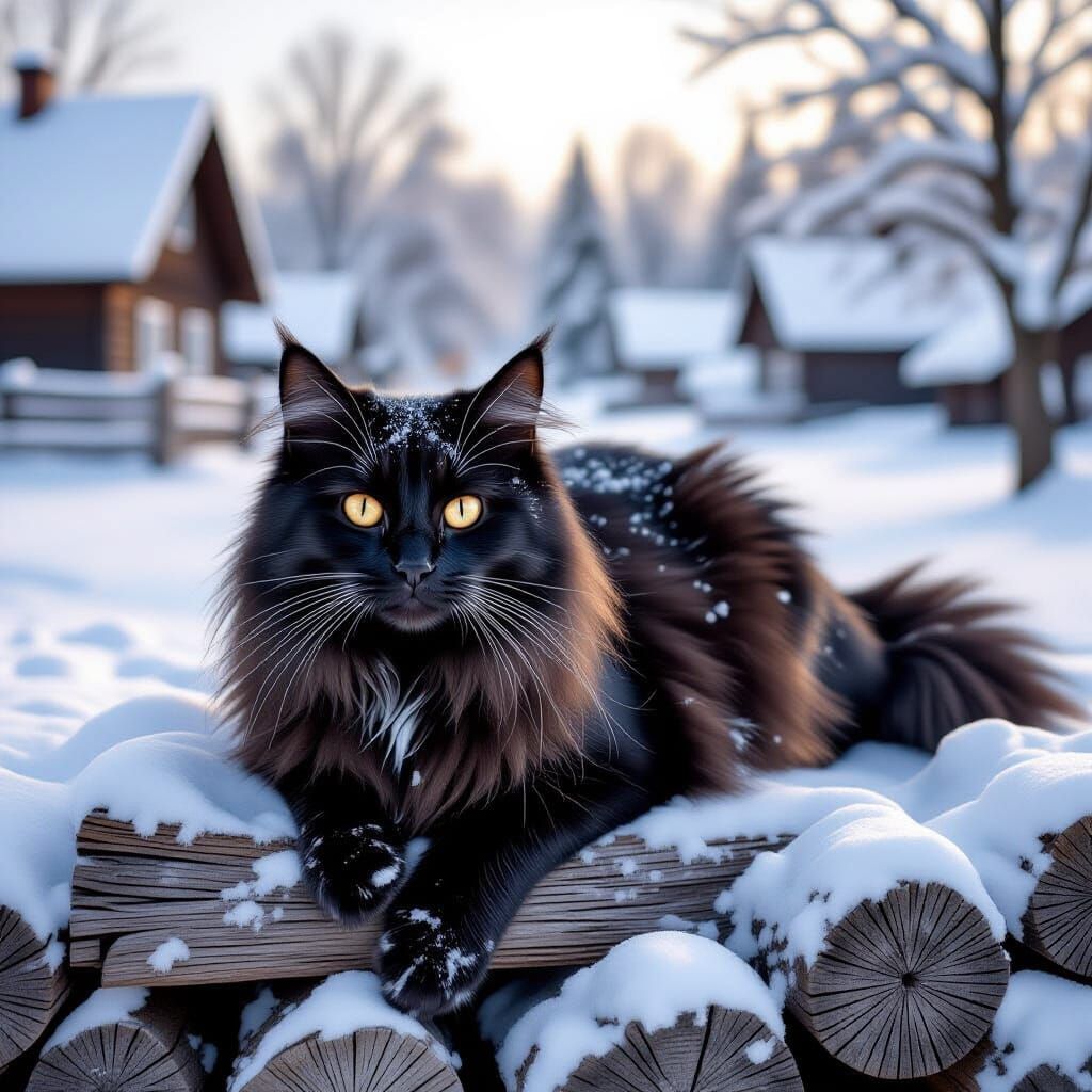 Fluffy Black Cat on Snowy Woodpile with Amber Eyes