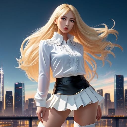 Woman in Mini Skirt with City Skyline Backdrop