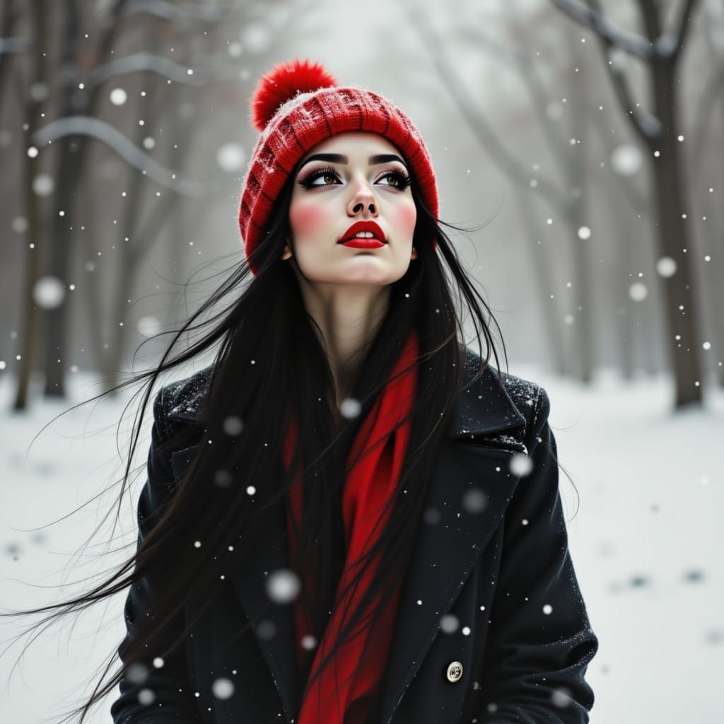 Happy Woman Watching Snowfall in Red Hat