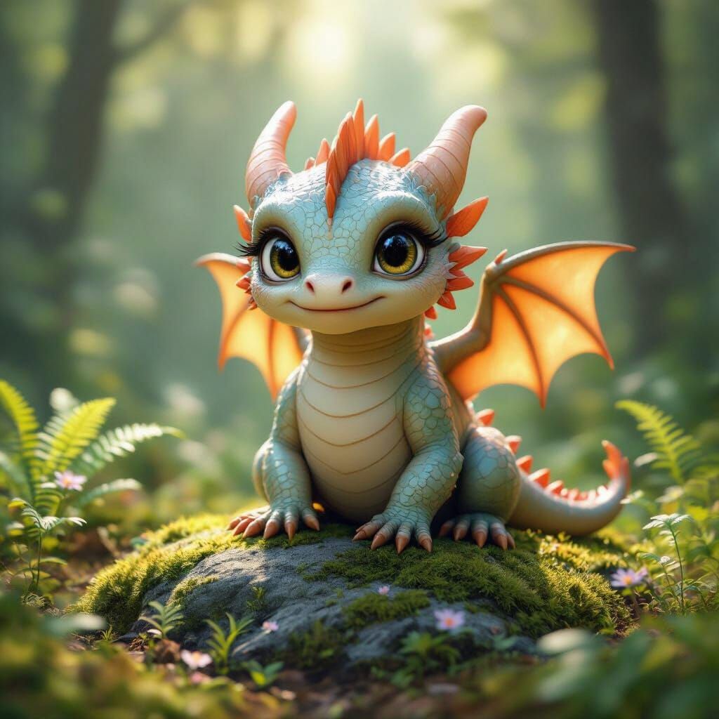 Baby Dragon on Mossy Rock in Sunlit Forest