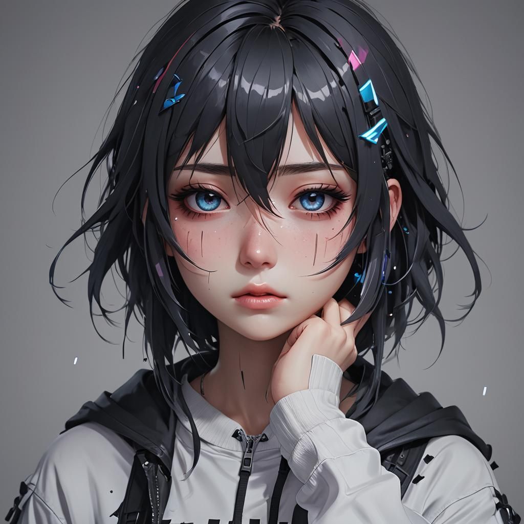 Crying Emo Girl in Glitch Art Style