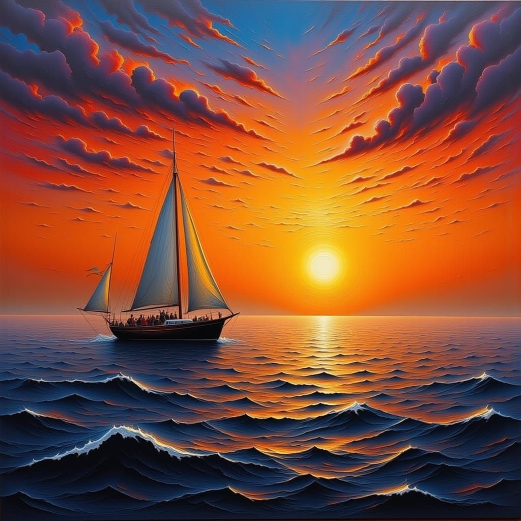 Ship Sails into Sunset: Dramatic Maritime Painting