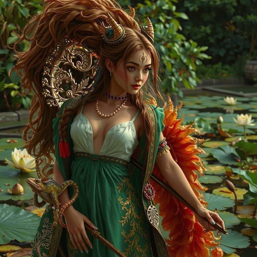 Embracing Figures in Ornate Attire by Floral Pond