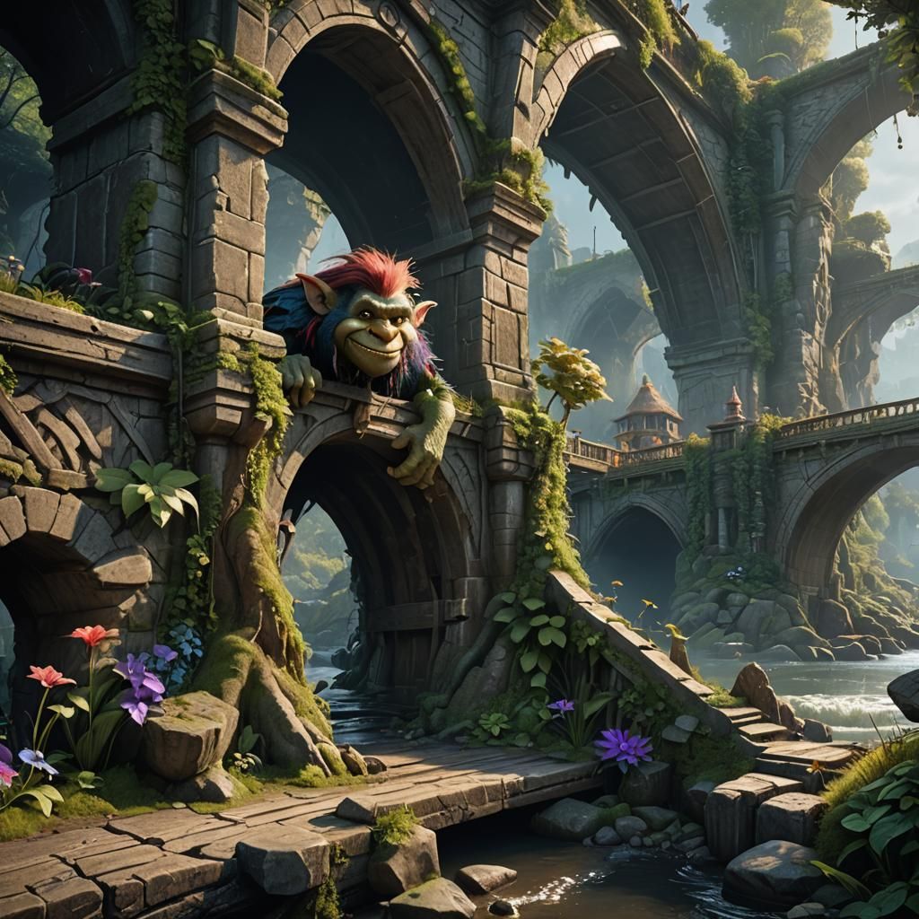 A fairytale scene featuring a troll hiding under a bridge.