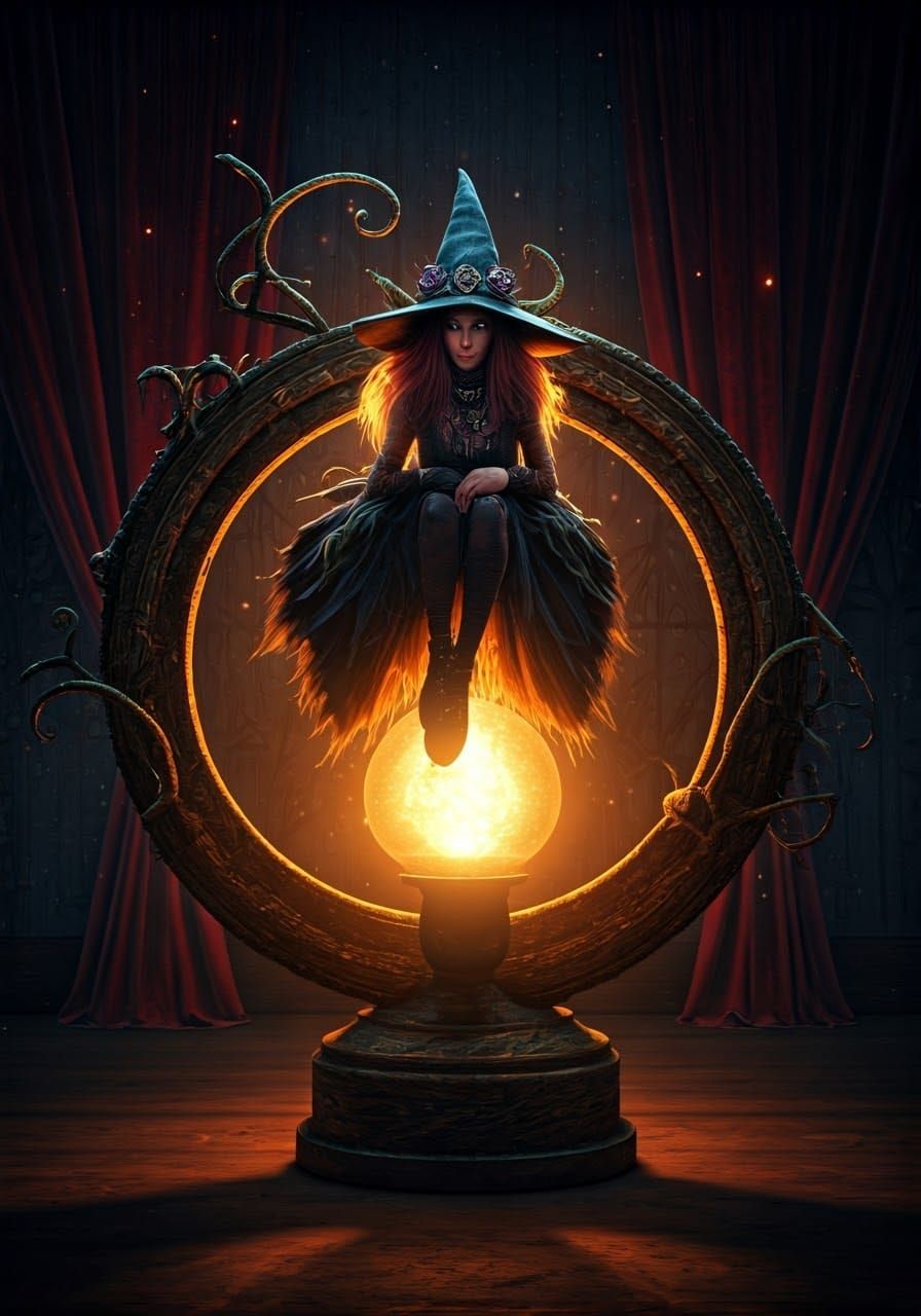 Witch in Cauldron Lit by Hyperrealistic Lamp