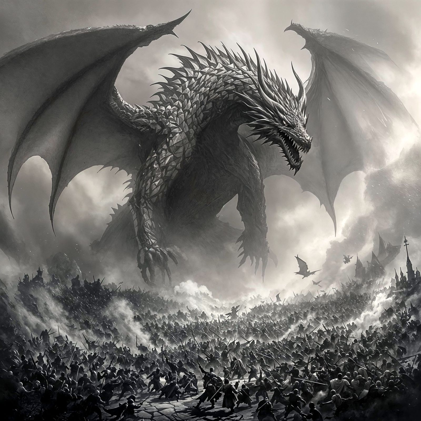 Colossal Dragon over Medieval Battlefield in Monochrome
