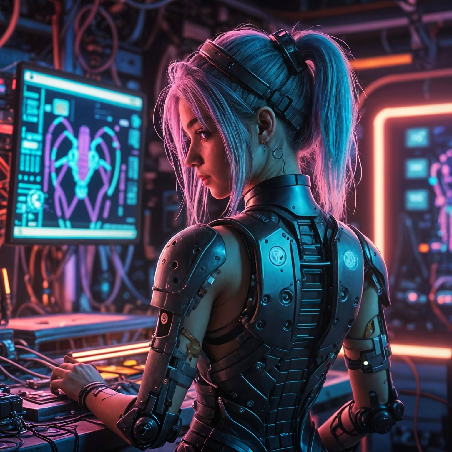 Steampunk Cyberpunk Princess Assassin in Neon Galaxy