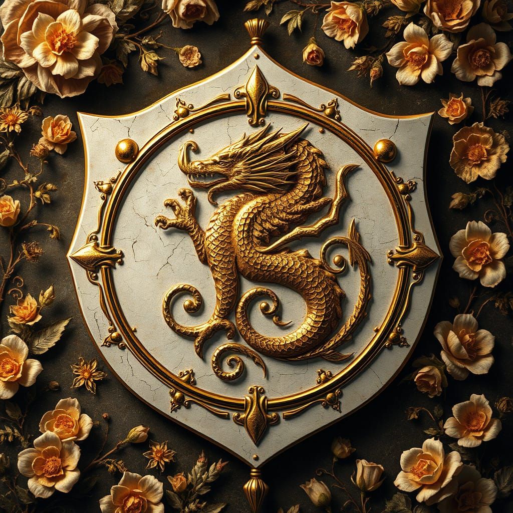 Regal Symbol, Golden Dragon, Ornate Shield, Fantasy Realm