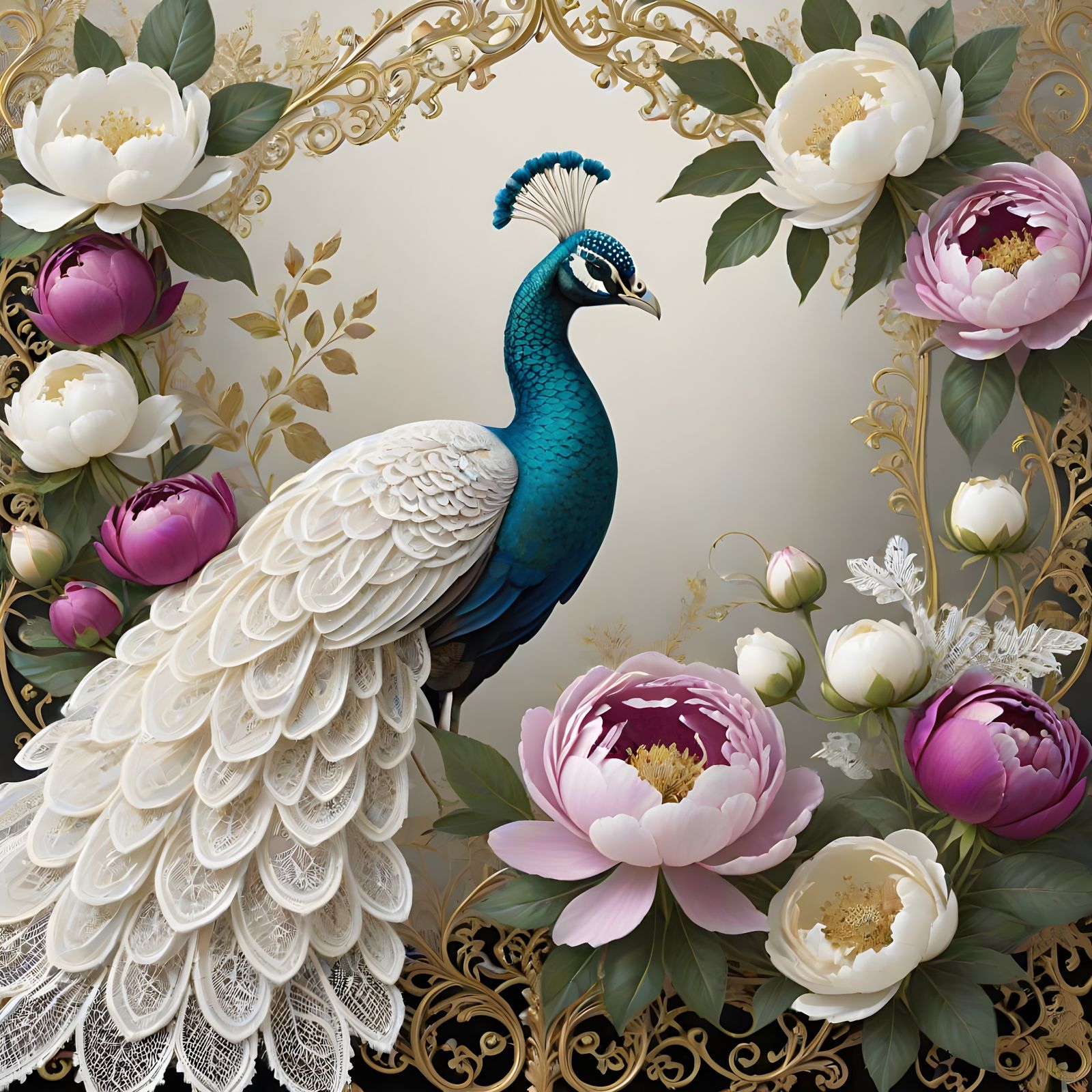 Elegant Lace Peacock amidst Blooming White Peonies