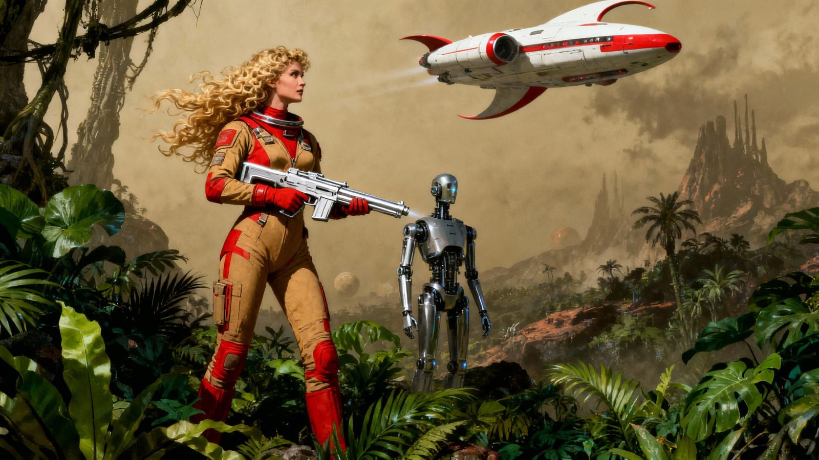 Retro-Futuristic Space Woman on Lush Planet