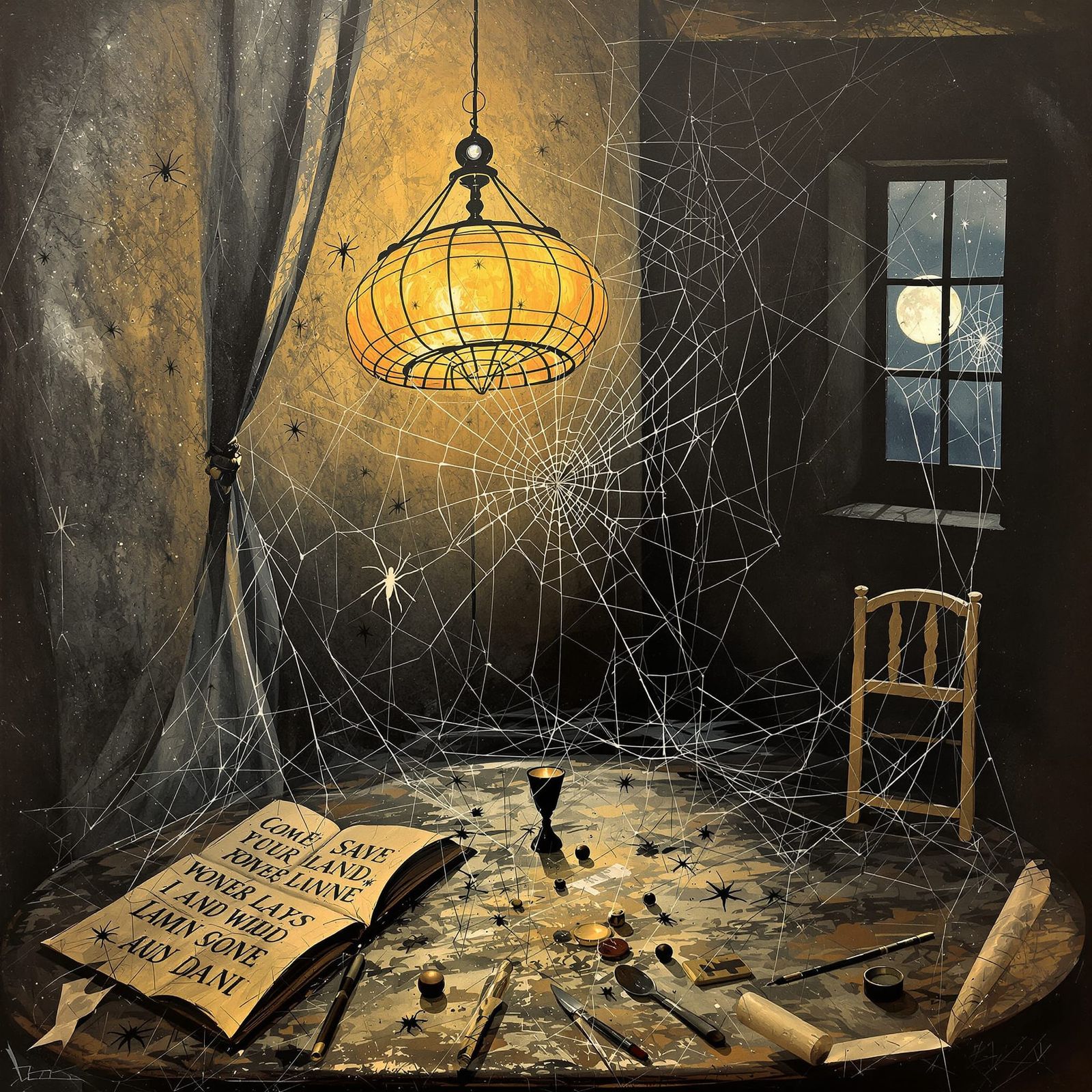 Surrealist Lamp in Dusty Room, Moonlit Window, Acrylic Art