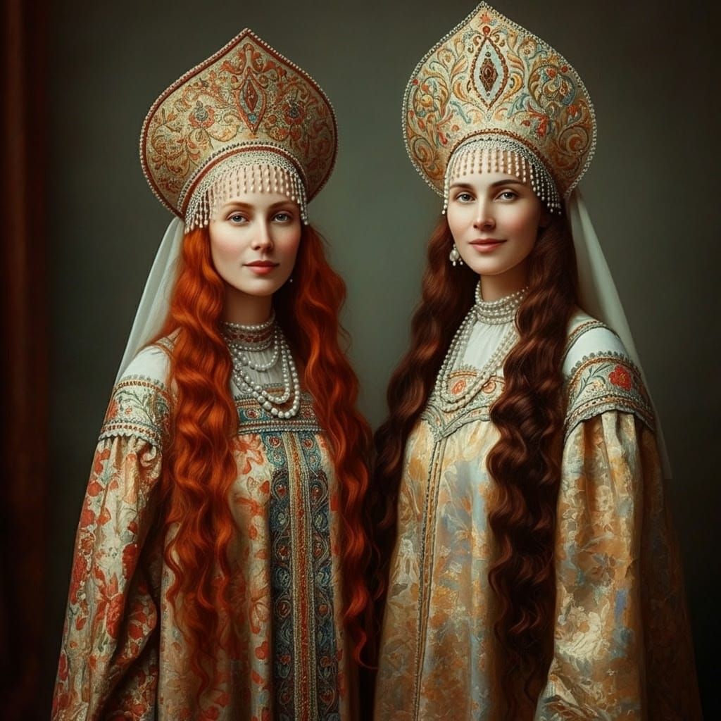 Two Elegant Russian Princesses in Traditional Attire