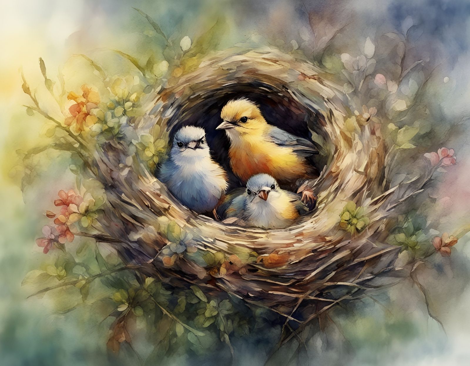 Watercolor Baby Birds in Nest Amid Wildflowers
