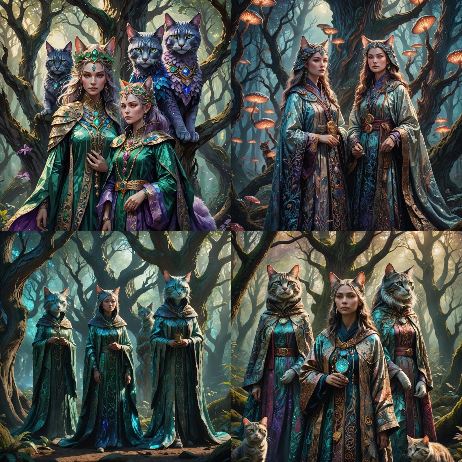 Cat-Headed Women in Mystical Forest: Matte Painting