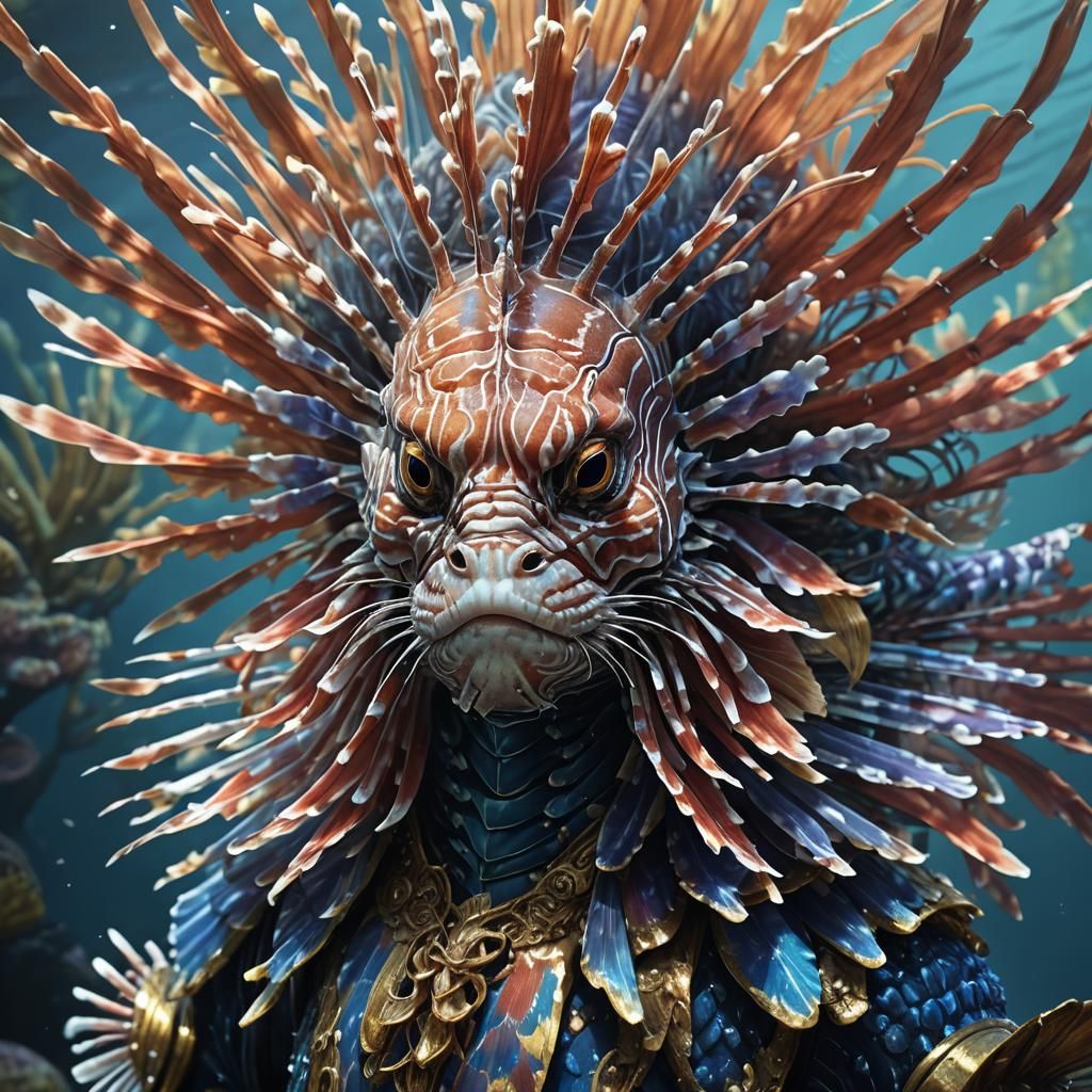 Detailed Lionfish Portrait in Hyperrealistic Style