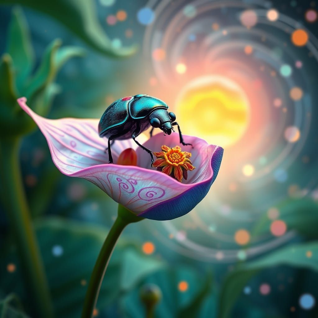 Ethereal Lady Beetle Riding a Cosmic Leaf in a Dreamlike For...