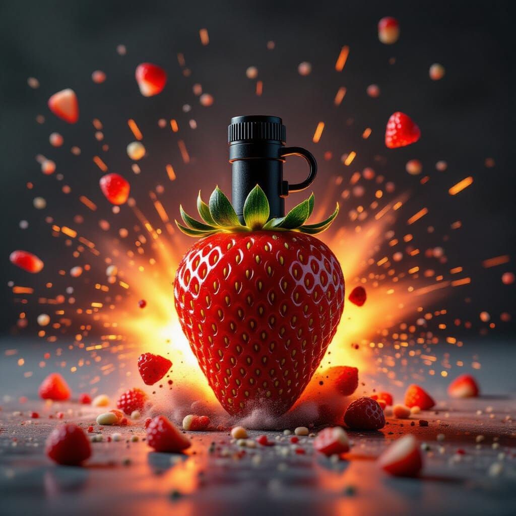 Exploding Strawberry Hand Grenade in Hyperrealistic Detail