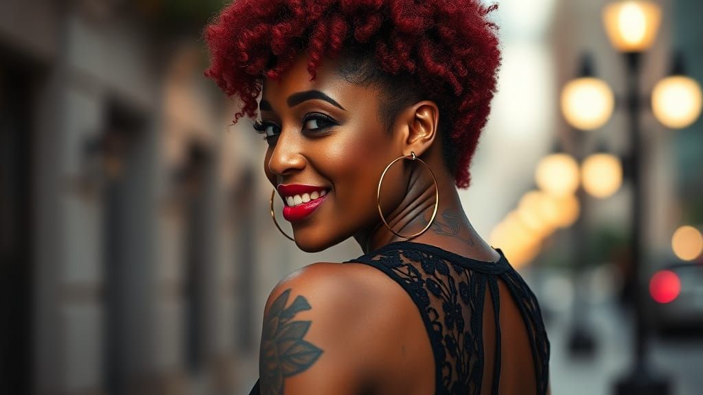 Woman Smiling in a Bold Streetwear Aesthetic