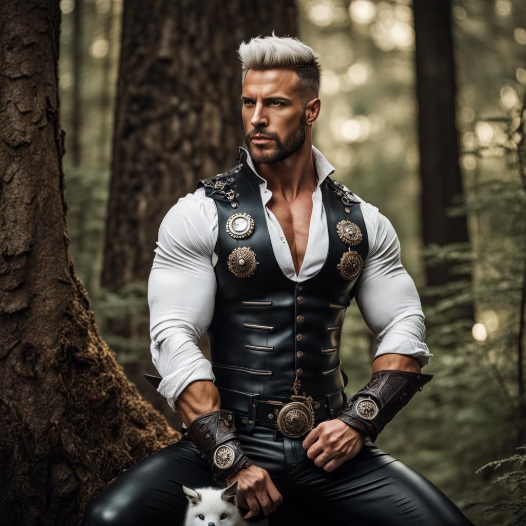 Steampunk Warrior with Owl and Fox in Forest