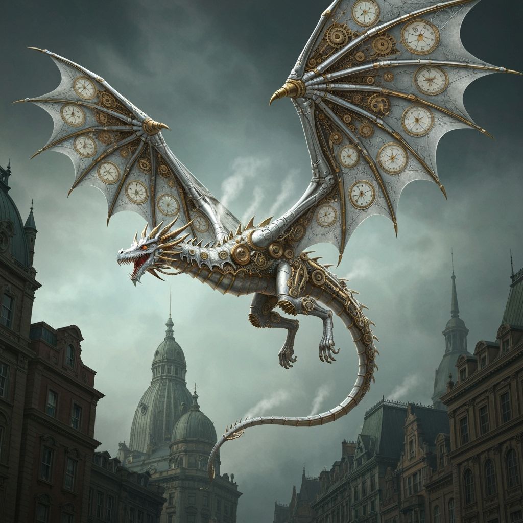 Steampunk Clockwork Dragon Soaring Over Victorian City