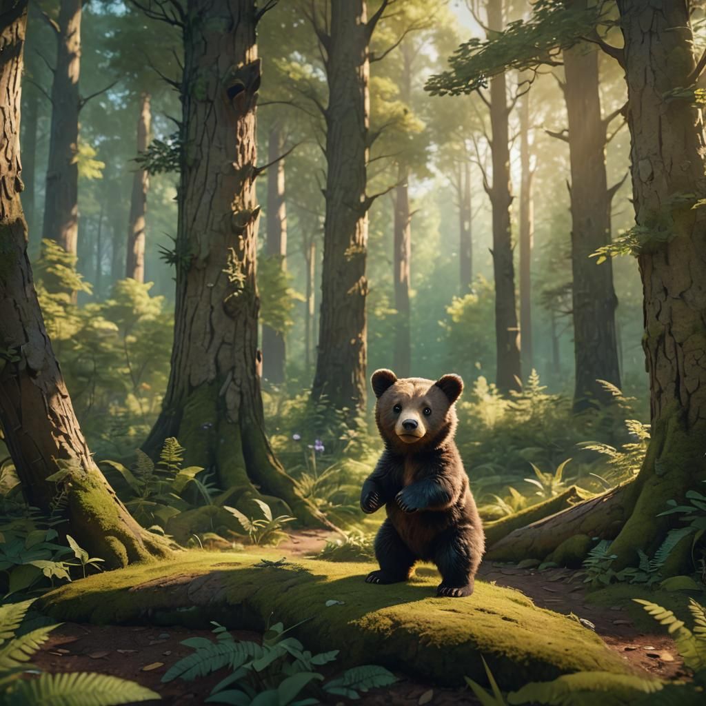 Cute Baby Bear in Fantasy Forest Glade