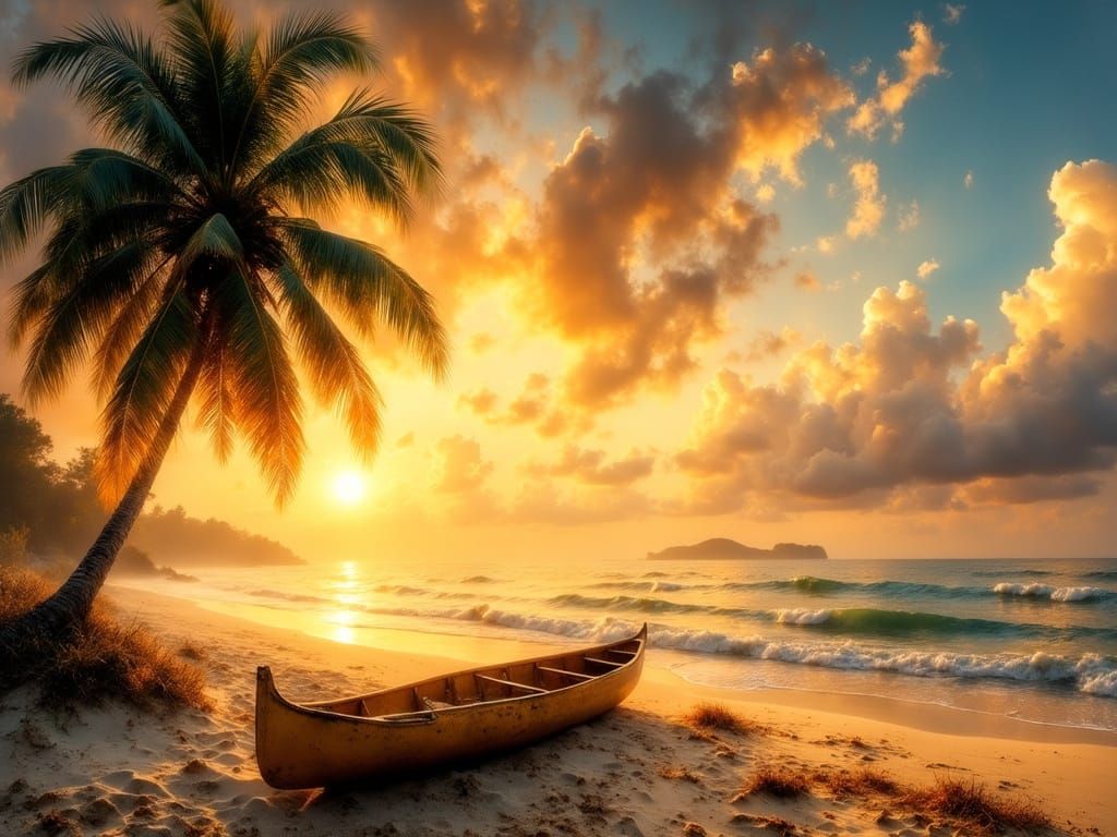 Surreal Beachscape with Canoe and Palm Tree in Ethereal Styl...