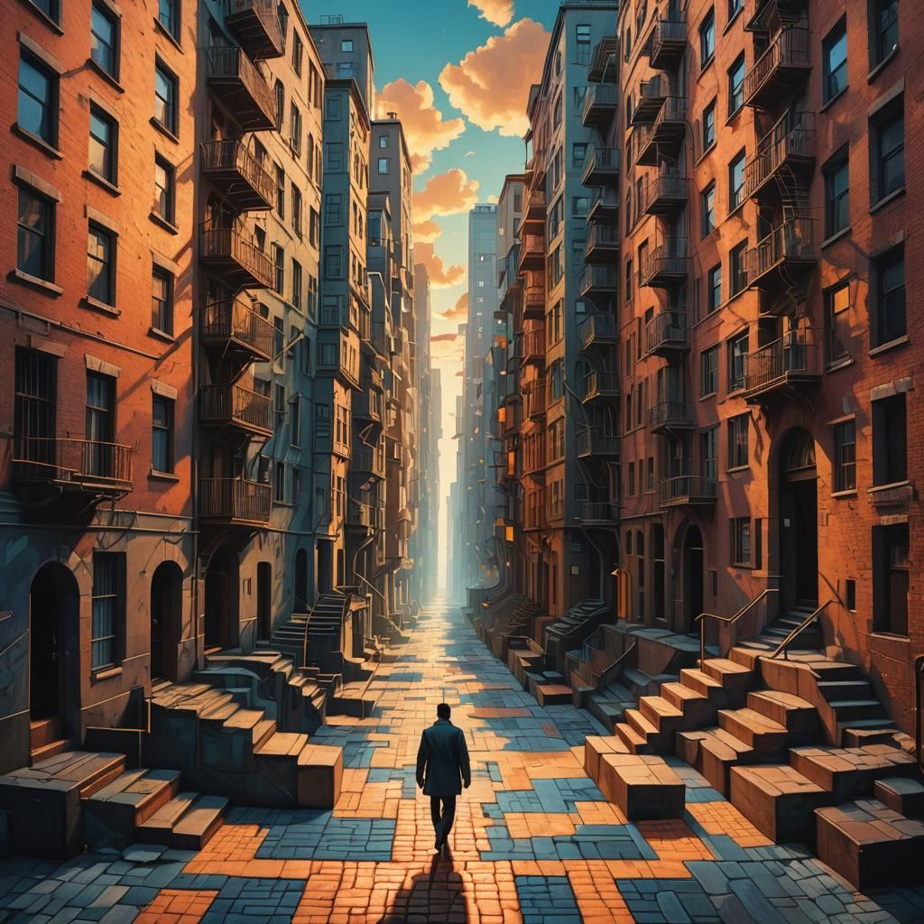 Surreal Cityscape with Endless Staircases in Vibrant Triadic...