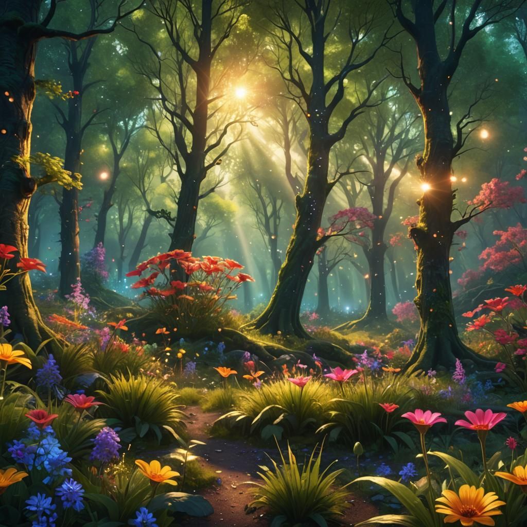 Glowing Forest Sunrise in Detailed Matte Painting Style
