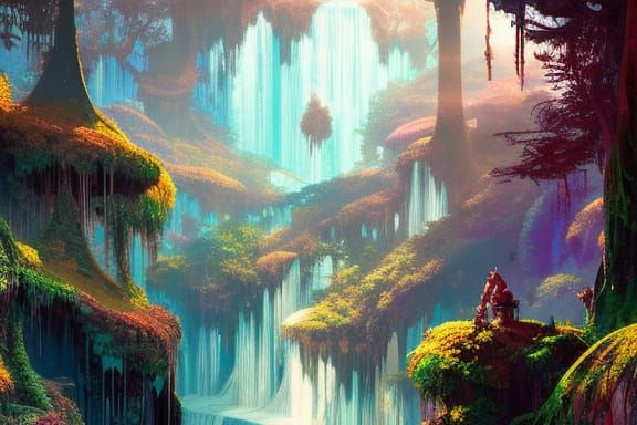 Fantasy River Valley With Intricate Waterfall