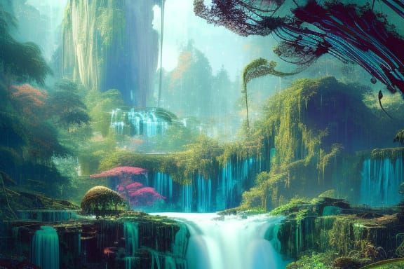 Fantasy River Valley with Waterfall, Digital Illustration