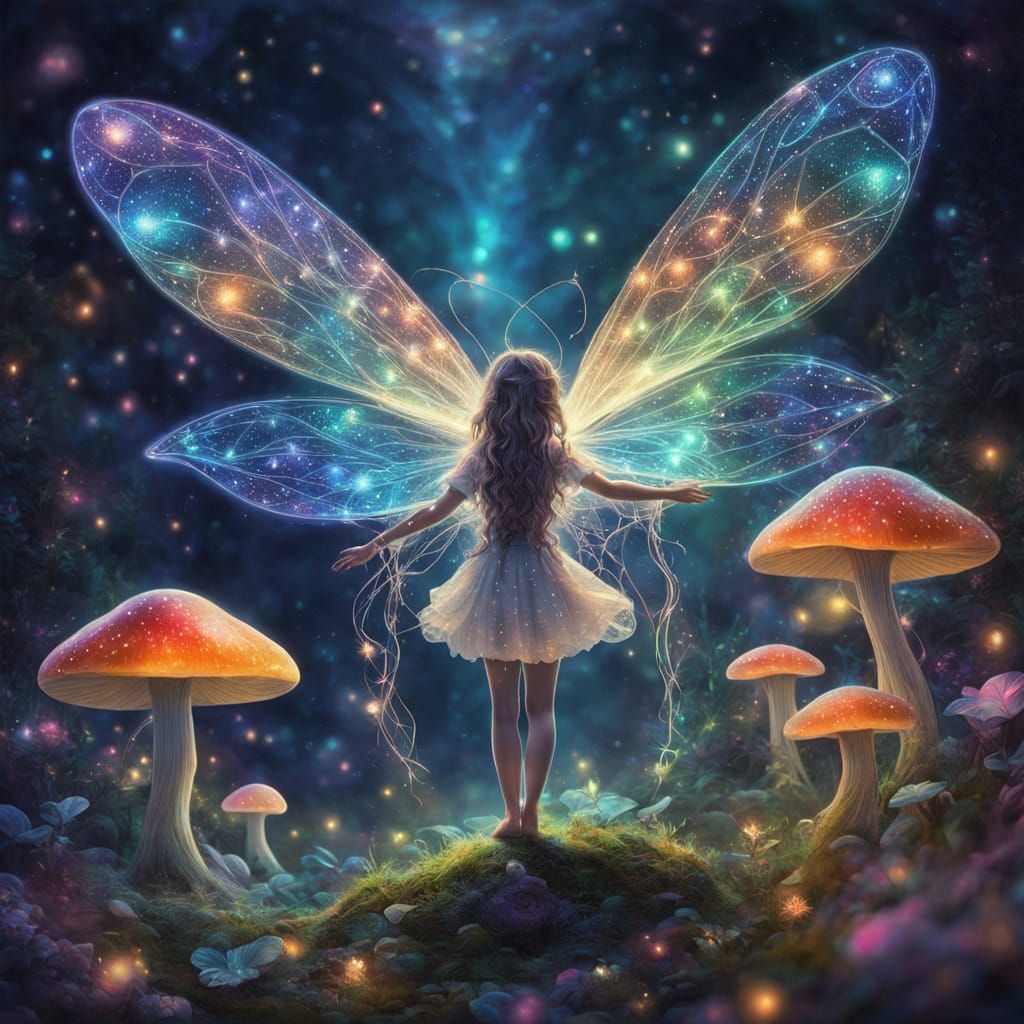 Fairy on Mushroom: Holographic Astral Illustration