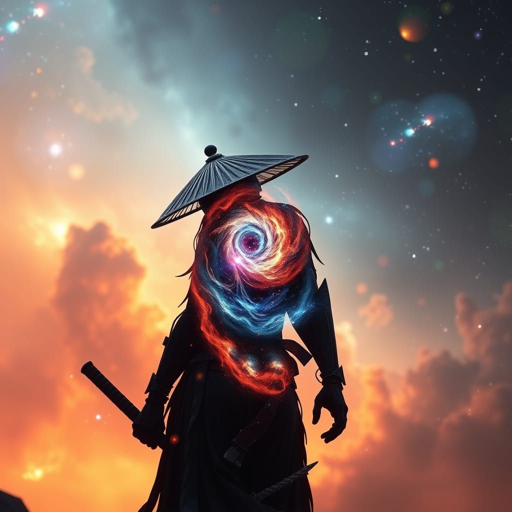 Cyborg Samurai Silhouette Against Cosmic Nebula