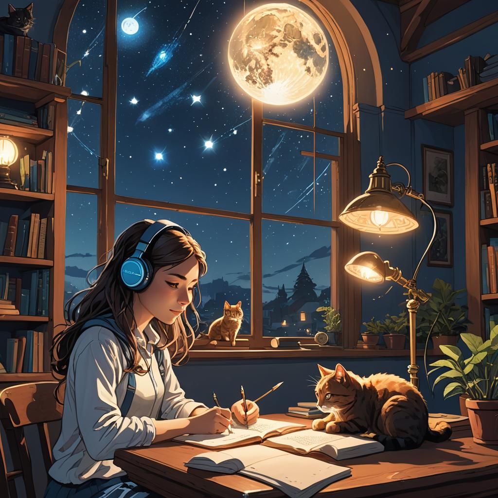 Lofi Girl Studying Under Lamp with Comet