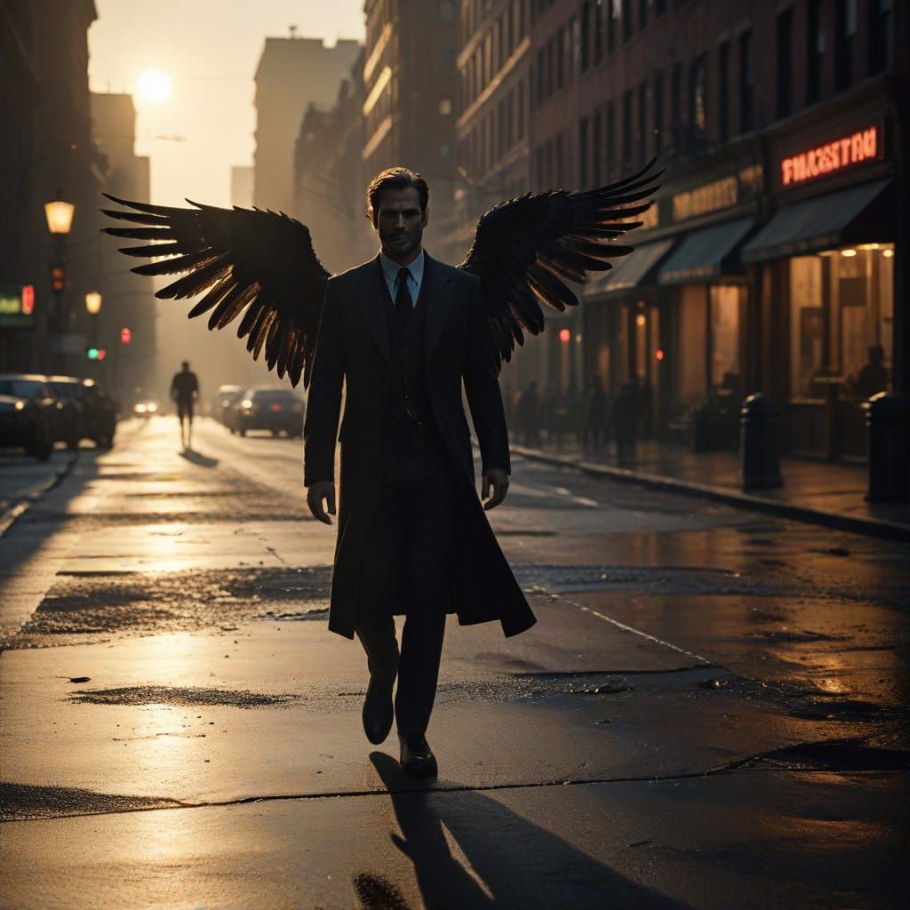 Fallen Angel Walks Alone in New York City's Golden Hour