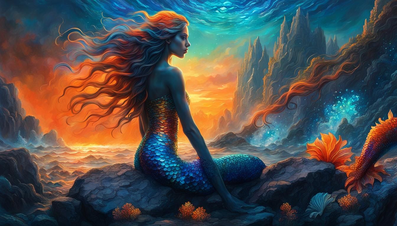 Iridescent Mermaid on Ocean Rock in Psychedelic Style
