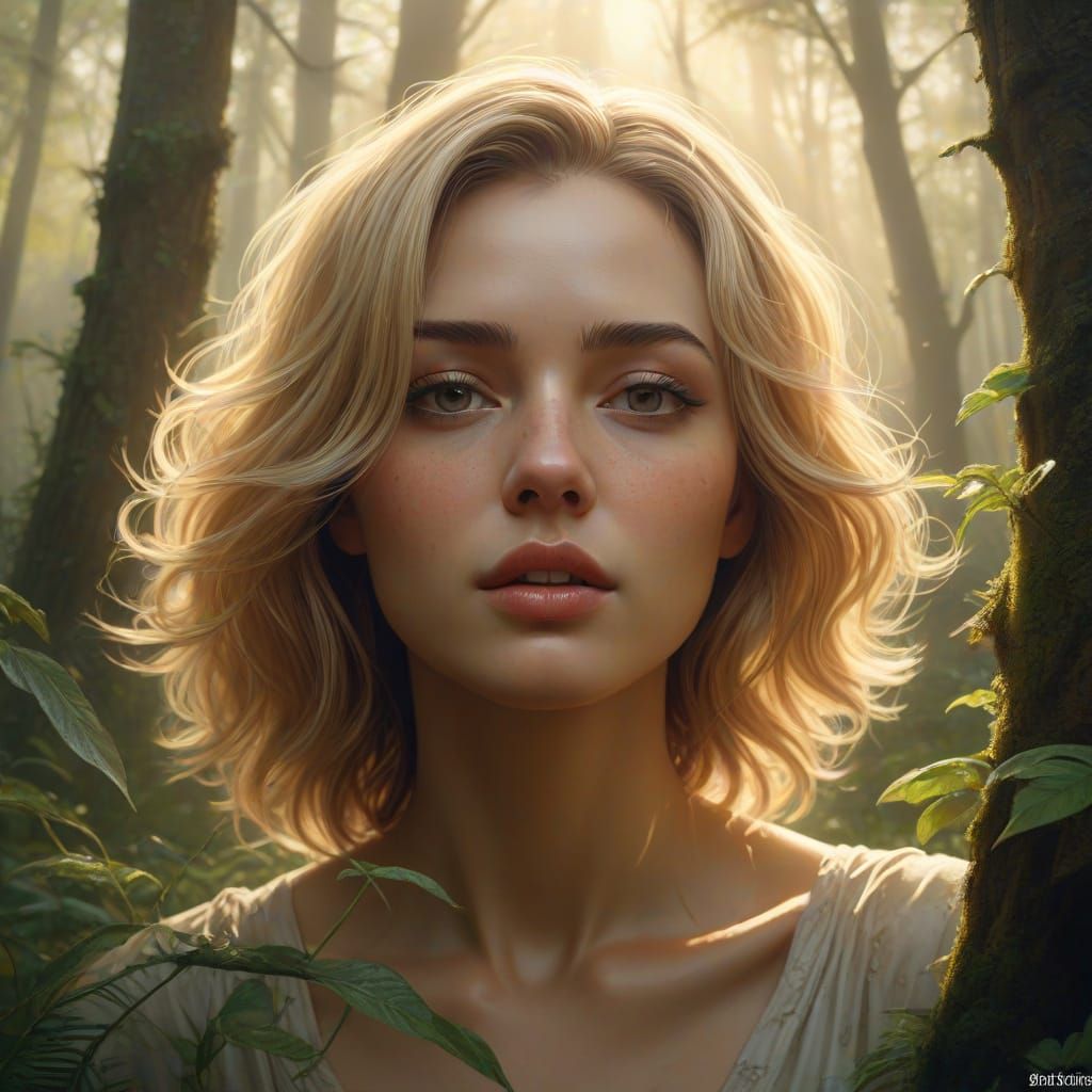 Surreal Woman Emerges in Golden Forest Clearing
