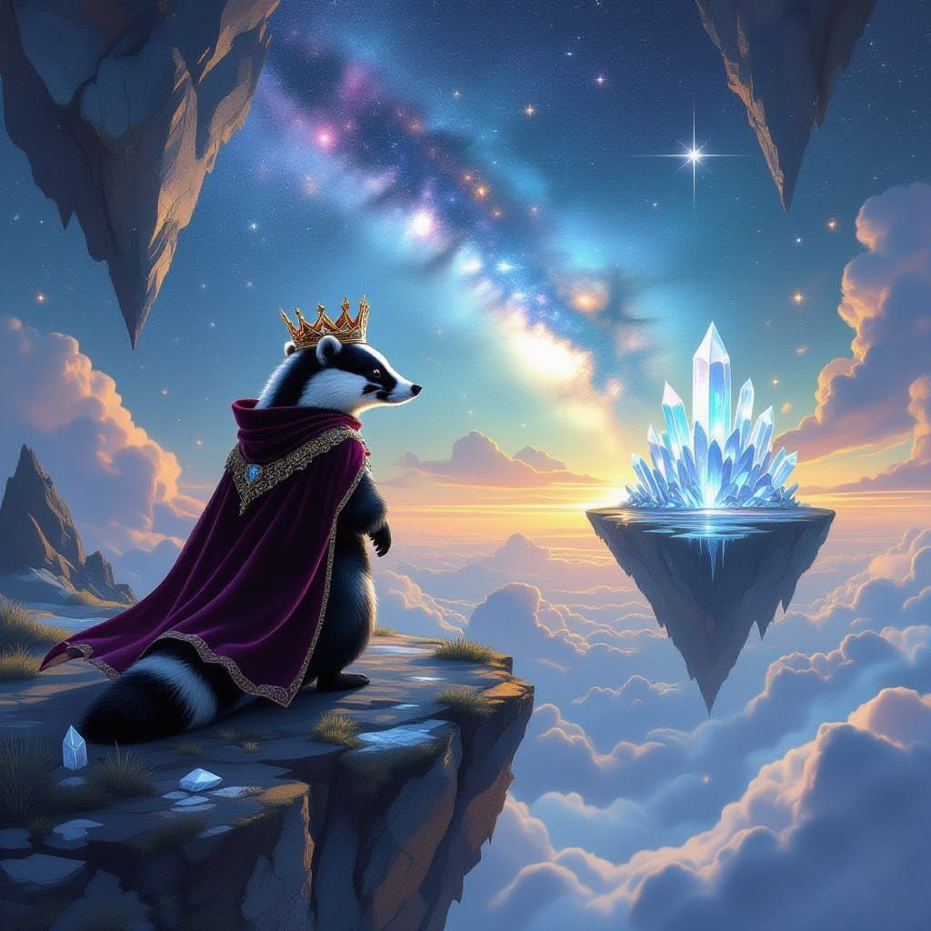 Badger King Surveys Cosmic Nebula from Floating Island