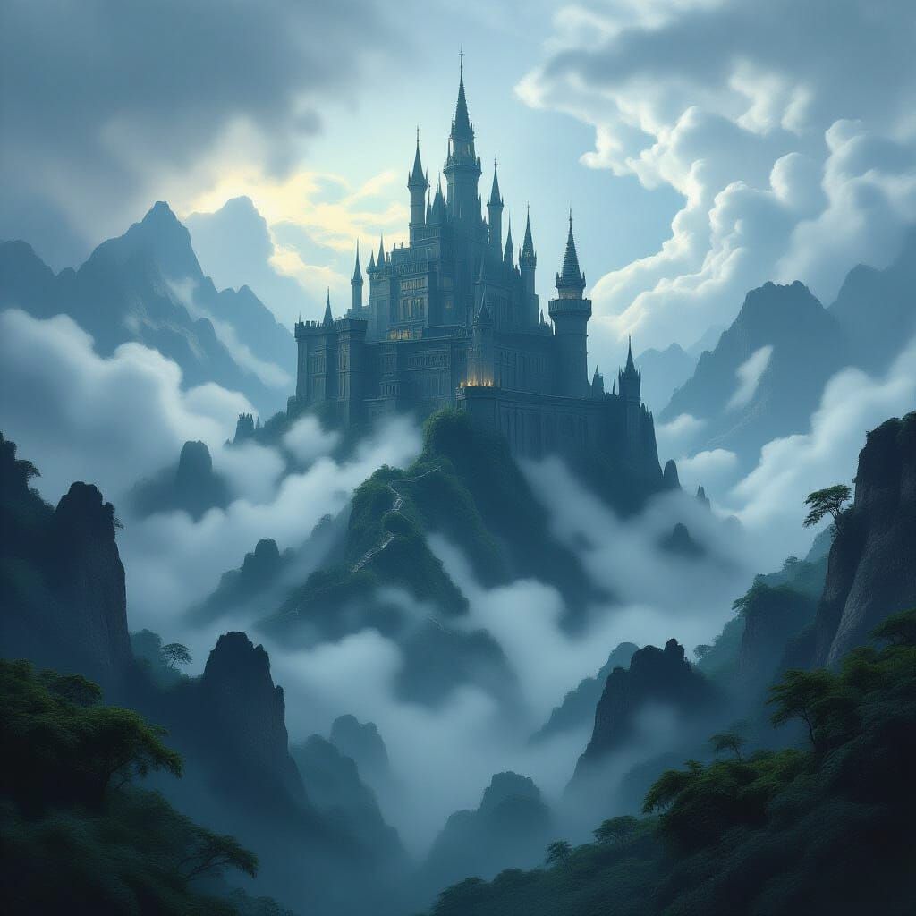 Gothic Castle on Jagged Peak in Swirling Mist