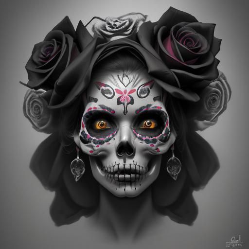 Day of the Dead Skull and Roses in Splash Art