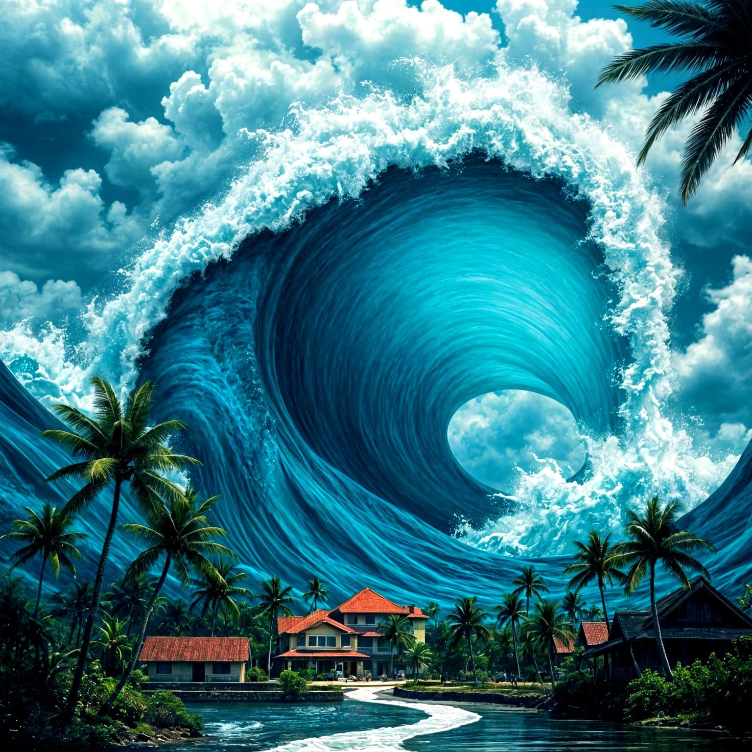 Giant Water Shark Approaches Tropical Village