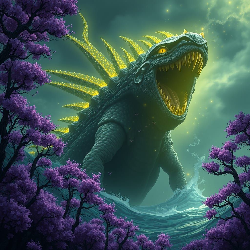 Bioluminescent Sea Monster Emerges from Violet Forest