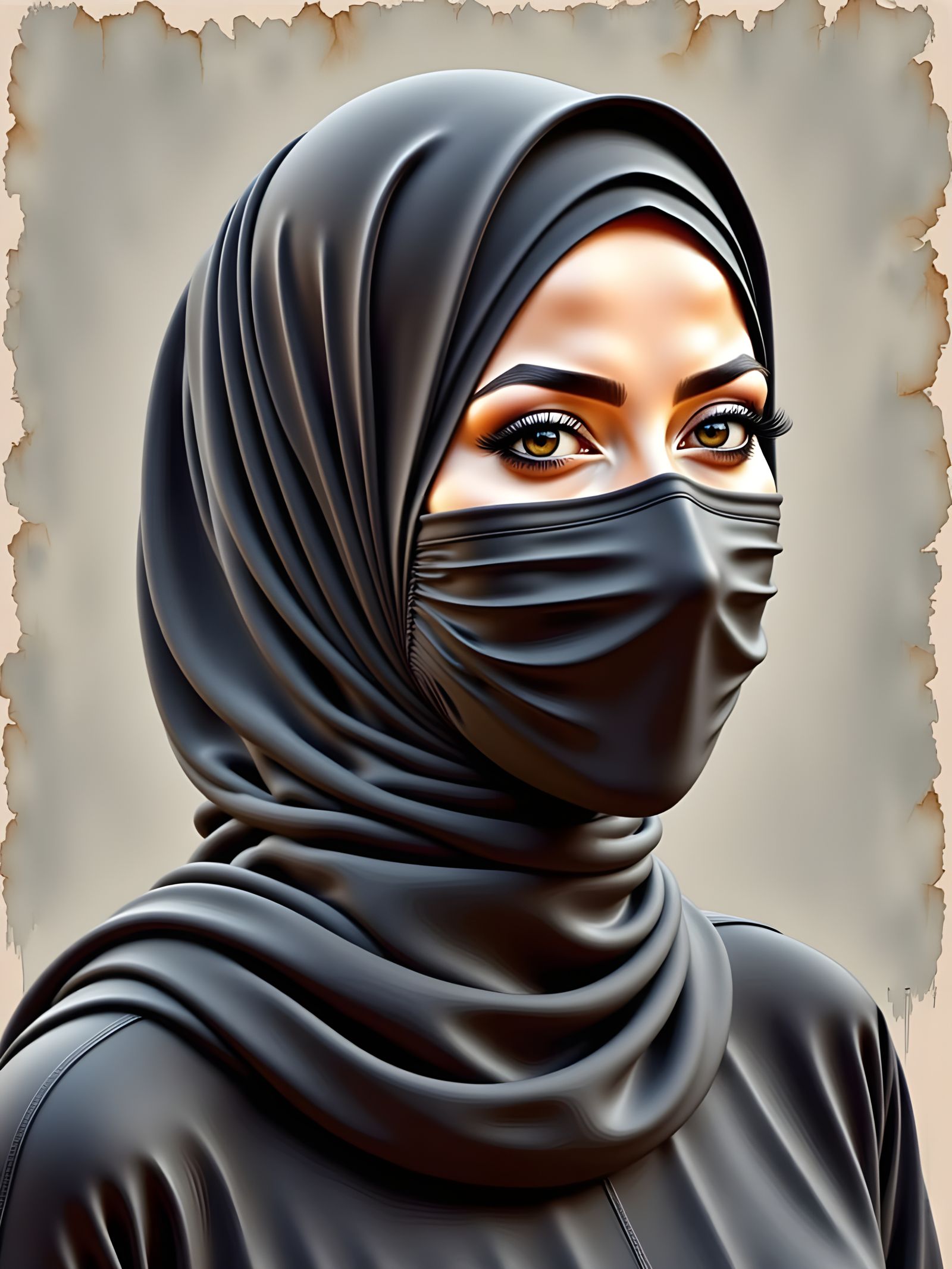 Portrait of Woman in Hijab and Mask as Painting