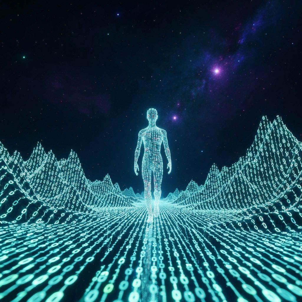 Digital Landscape with Data Stream Figure in Cyberpunk Style