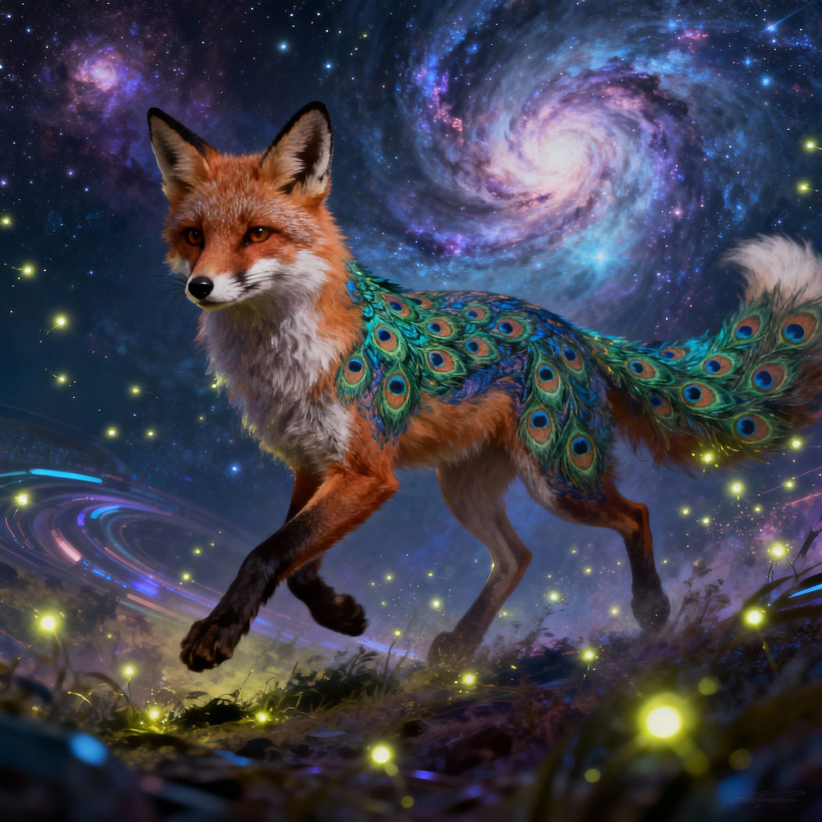 Peacock Fox in Surreal Cosmic Landscape